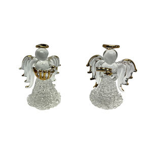 Miniature Crystal Angels Lot of 2 With Musical Instruments Gold Tone Accents